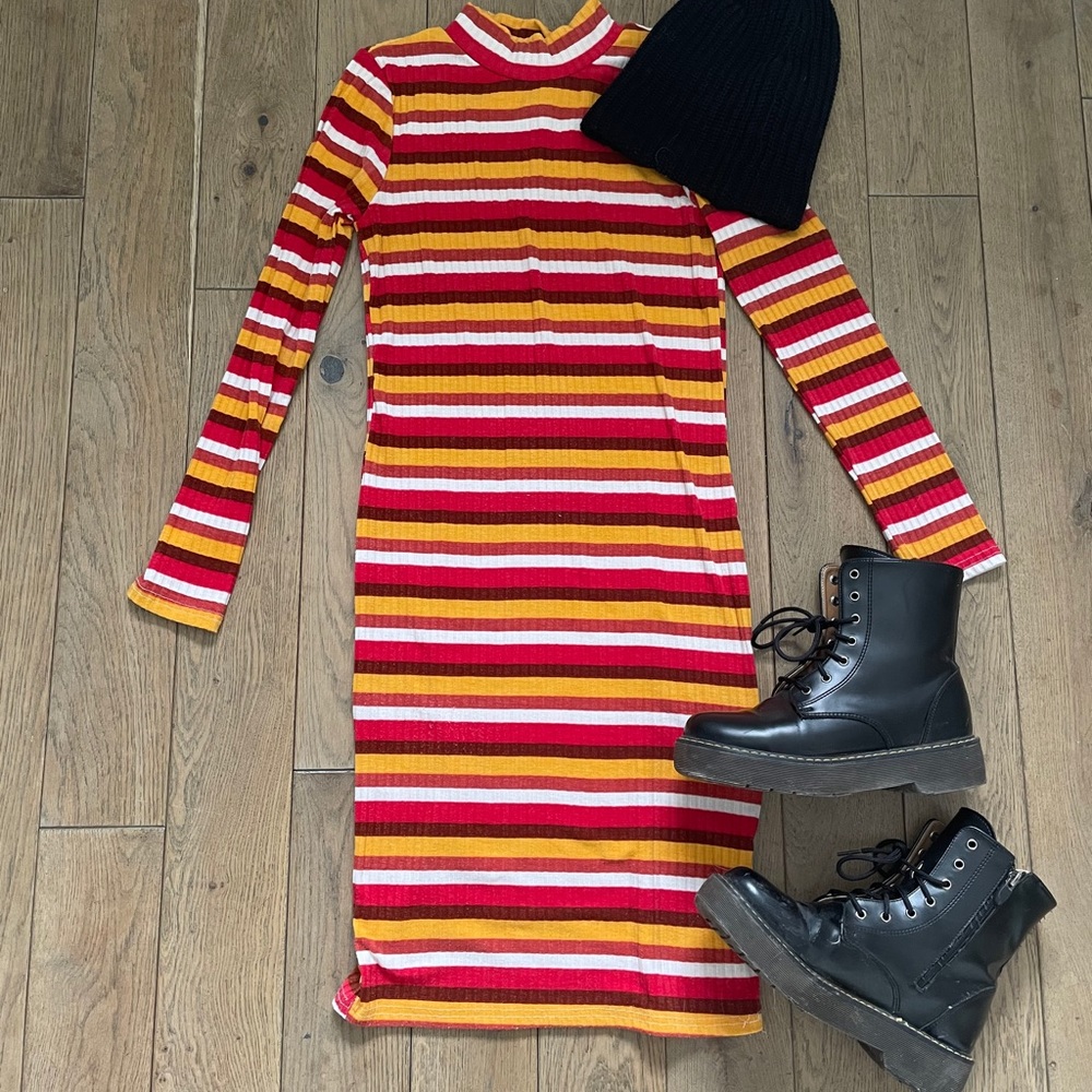 Red, yellow, and white sweater dress